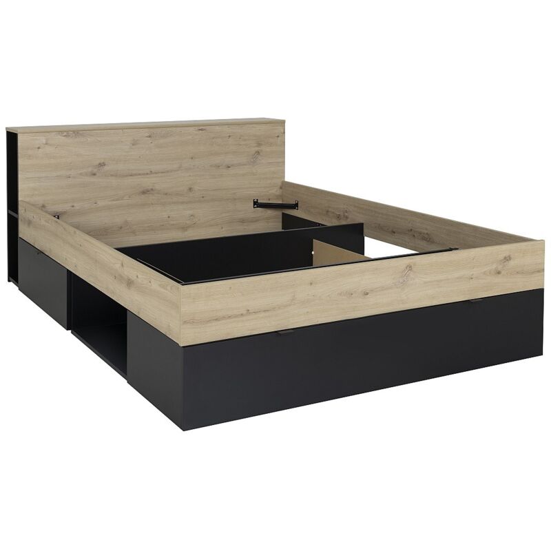 Vente-unique - Lit 140 x 190 cm - 3 tiroirs et 6 niches - Naturel et noir - ciketo