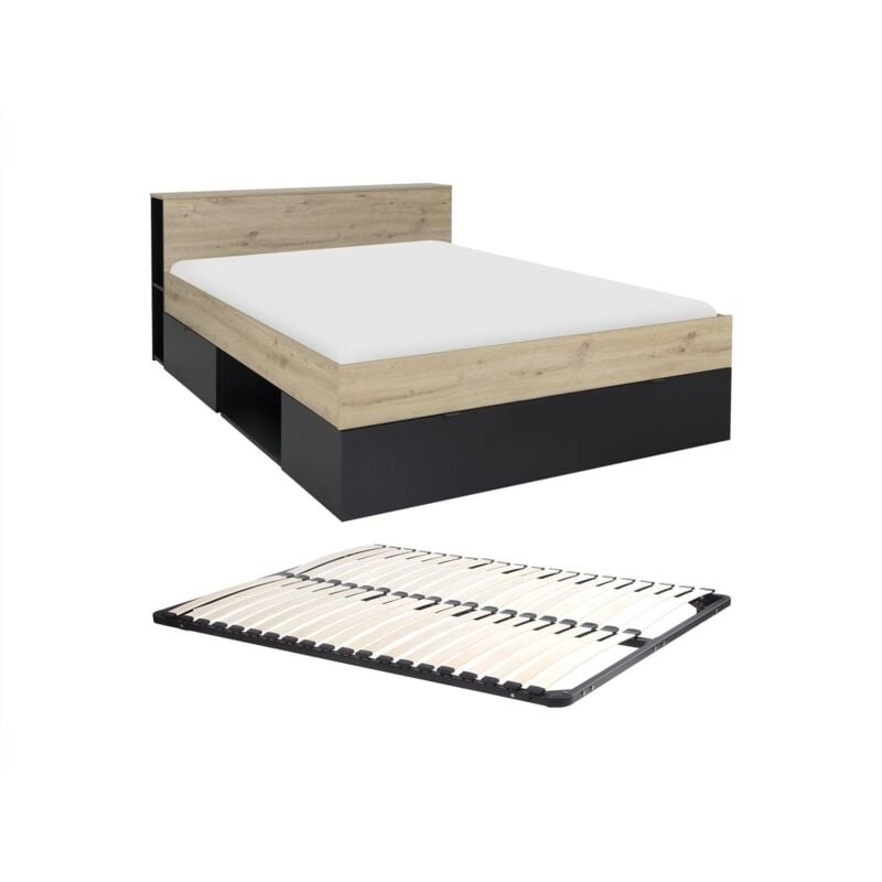 Lit 140 x 190 cm - 3 tiroirs et 6 niches - Naturel et noir + Sommier - ciketo