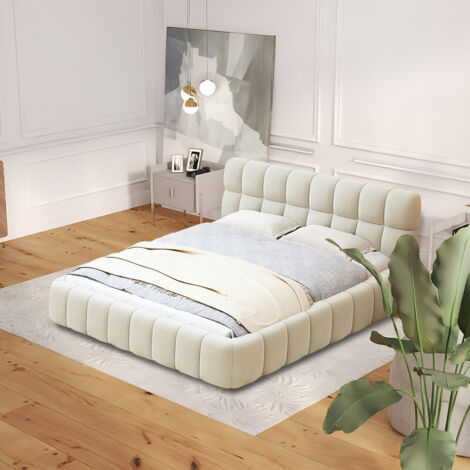 Lit 140 x 190 cm à sommier, lit double avec tête et côtés rembourrés, lit capitonné lit 2 places, lit au sol pour adultes et enfants, lin beige