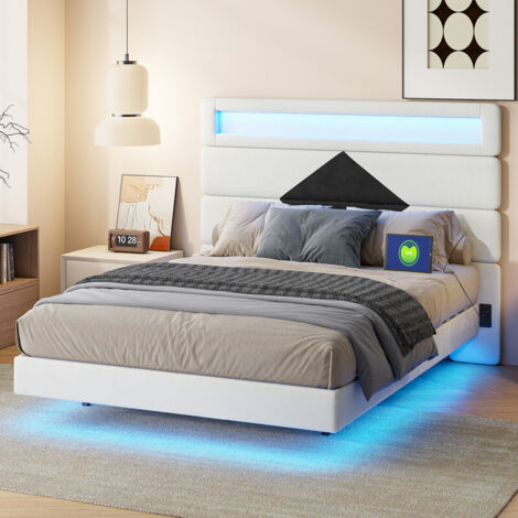 Lit 140 x 190 cm avec LED et USB, lit 2 personnes avec sommier et tête de lit, modèle réglable, lit double avec sommier à lattes en bois, lit flottant tapissé, velours beige