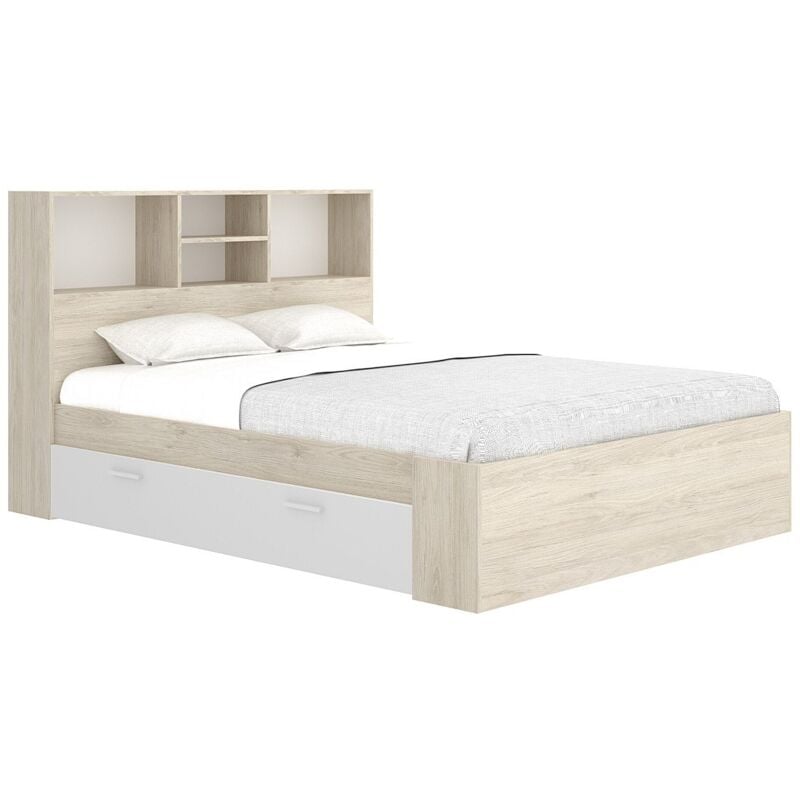 Vente-unique - Lit 140 x 190 cm avec rangements - Coloris : Naturel et blanc - vardiel