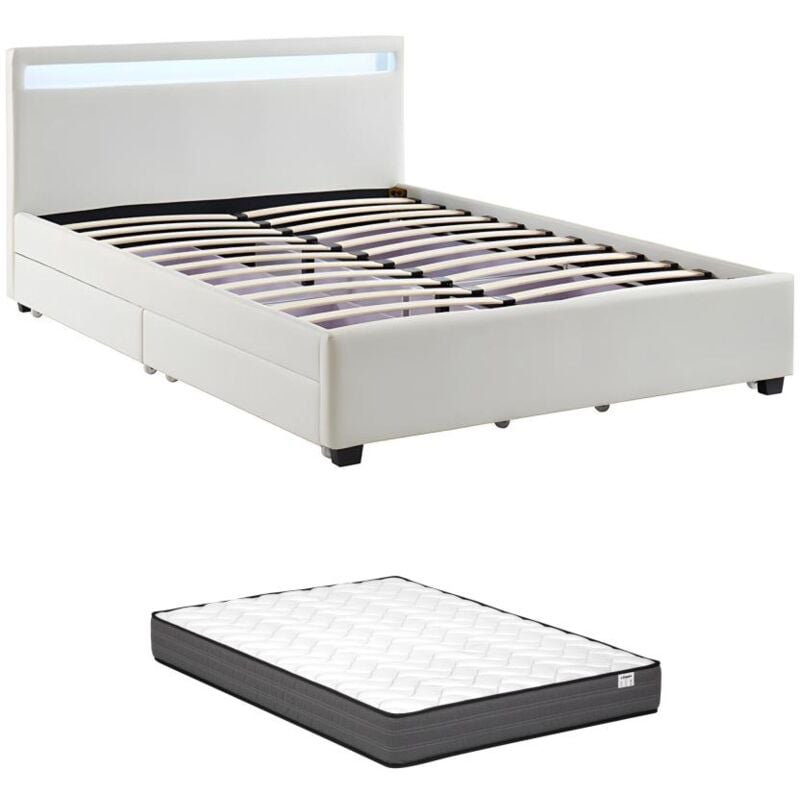 Vente-unique - Lit 140 x 190 cm avec rangements - Simili blanc avec LEDs + Matelas - alois ii