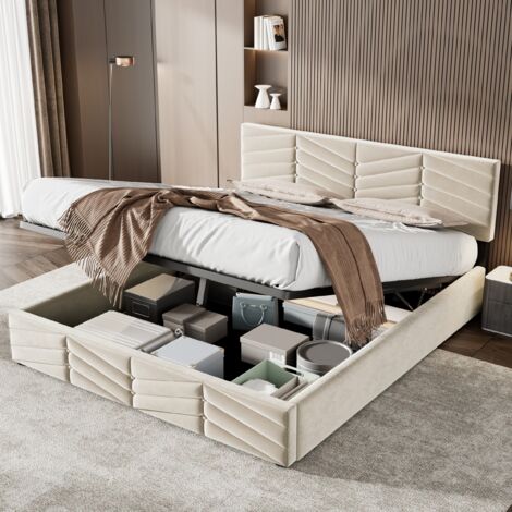 Lit 140 x 190 cm avec sommier à lattes,lit coffre,cadre de lit avec rangement,velours,lit de style continental,tête de lit réglable en hauteur,beige