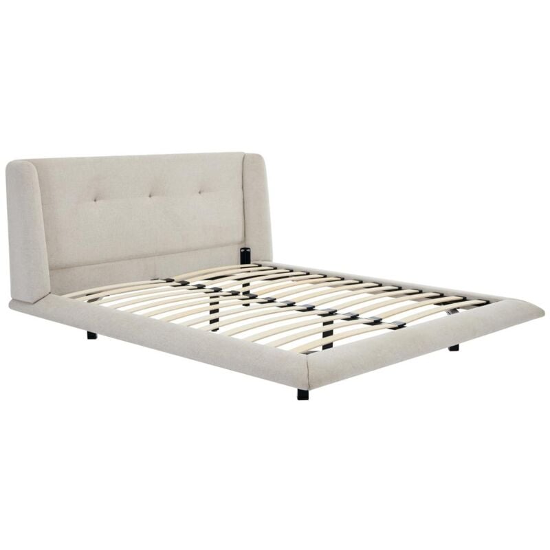 Vente-unique - Lit 140 x 190 cm avec tête de lit capitonnée - Tissu - Beige - penavi