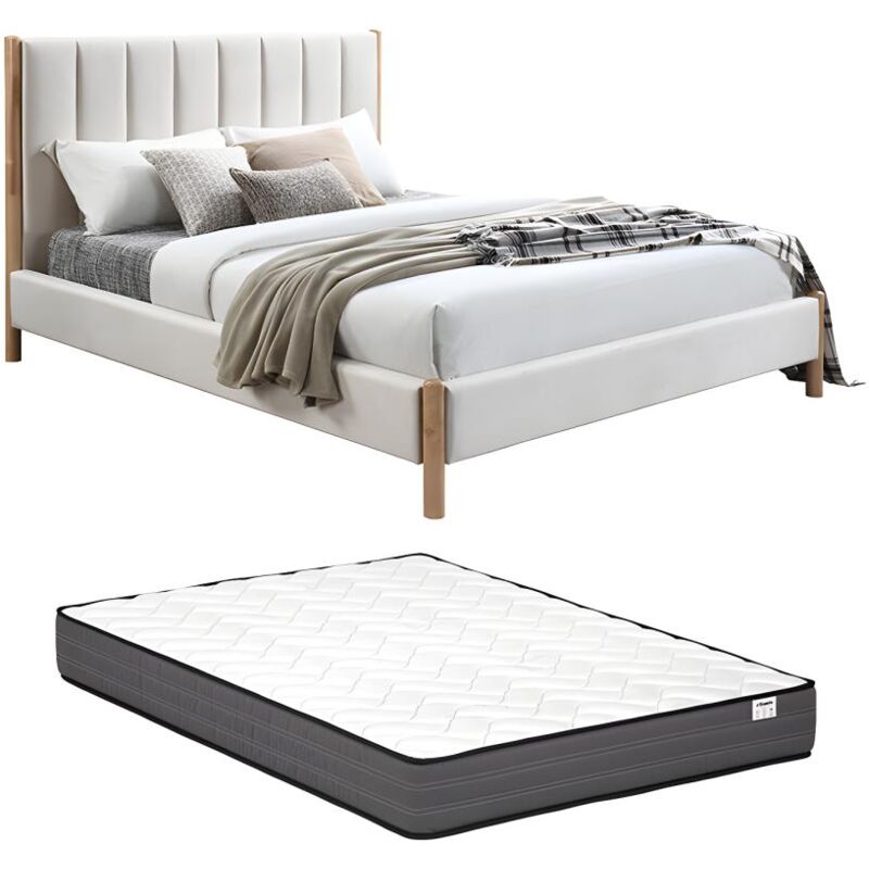 Lit 140 x 190 cm avec tête de lit coutures verticales - Velours - Ivoire + Matelas - sizama