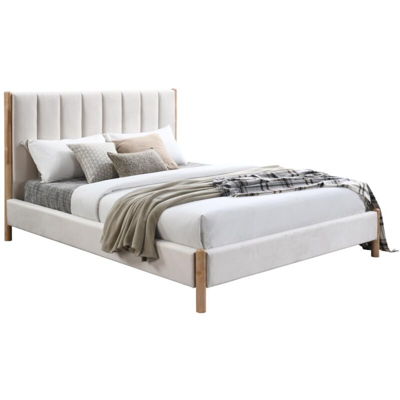 Vente-unique - Lit 140 x 190 cm avec tête de lit coutures verticales - Velours - Ivoire - sizama