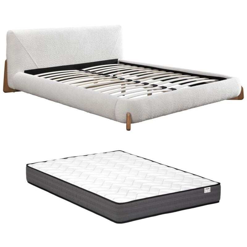 Vente-unique - Lit 140 x 190 cm - Tissu bouclette - Blanc et naturel + Matelas - gamura