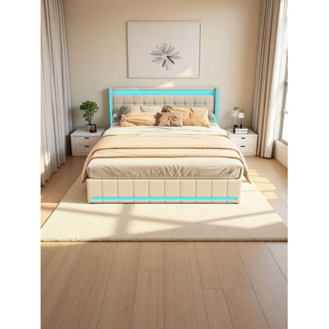 Lit 140 x 190cm, Lit 2 Places 140x190 cm avec 4 Tiroirs, Lit Capitonné avec Port USB et LED, Lit au Sol avec Tête de Lit et Cadre de Lit, Lin, Beige