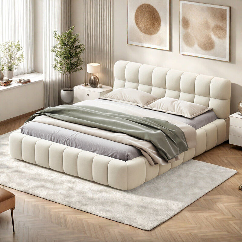 lit 140 x 200, lit double 140 x 200, lit capitonné avec dossier moelleux, lit adulte style scandinave, sommier à lattes, lin, beige