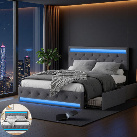 Lit 140 x 200 cm avec sommier à lattes, Lit double avec LED et USB Tpye C, Lit coffre avec tête de lit rembourrée réglable de rangement, 4 tiroirs, Tissu en lin, Gris