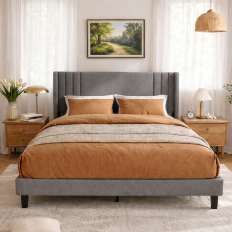 Lit 140 x 200 cm avec Sommier en Métal - Lit Rembourré - Cadre de Lit - 15cm de Rangement sous Le Lit - Lit 2 Personnes - Lin - Gris