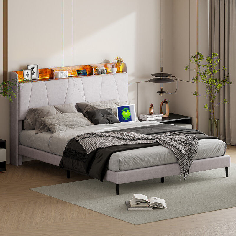 Sureh - Lit 160 x 200 cm avec sommier, lit 2 Personnes avec led et ports usb, cadre de lit 160x200 avec sommier à lattes, lit double rembourré pour