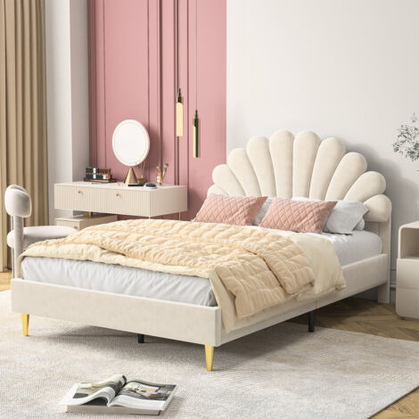 Lit 140 x 200 cm avec sommier,lit 2 personnes avec tête de lit,lit pour fille,lit princesse,lit rembourré avec sommier à lattes en bois,velours,beige