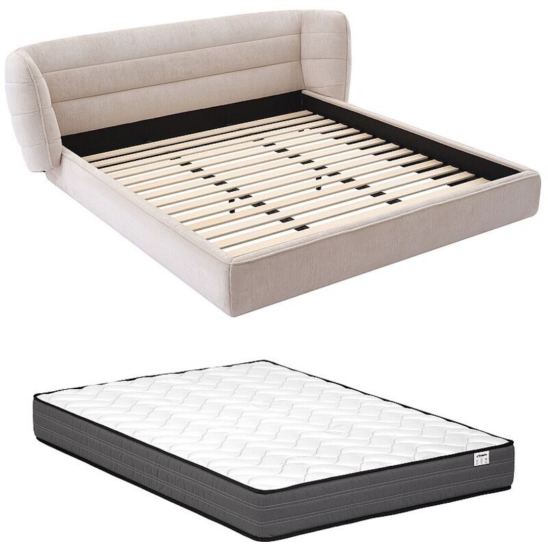 Lit 140 x 200 cm avec tête de lit incurvée - Tissu bouclette - Beige + Matelas - larumo de Maison Céphy