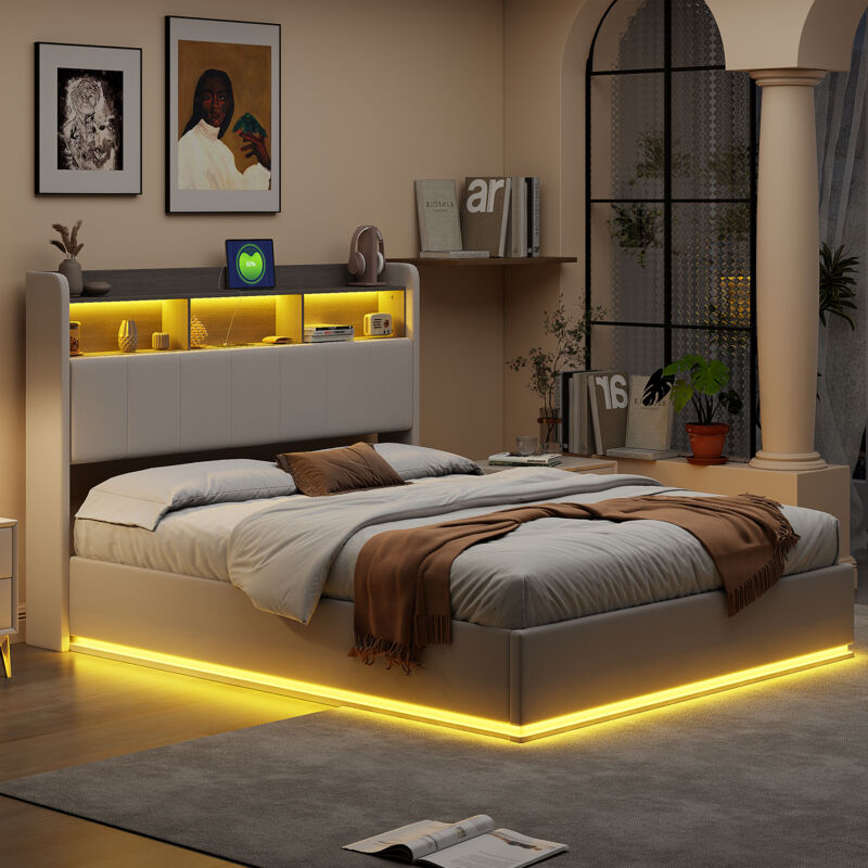 Lit 140 x 200 coffre avec cadre, lit rembourré, Lit adulte,Lit Coffre Hydraulique, port USB, LED réglable, sommier à lattes,tissu velours blanc