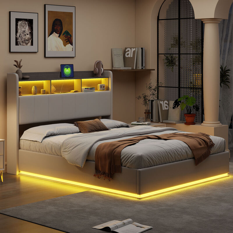 Lit 140 x 190 coffre avec cadre, lit rembourré, Lit adulte,Lit Coffre Hydraulique, port USB, LED réglable, sommier à lattes,tissu velours blanc