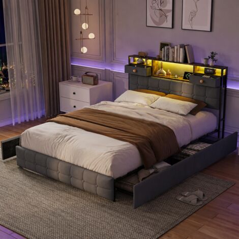 Lit 140 x 200, Lits Double avec LED et Multiprise USB Tpye C, Cadre de Lit en Métal avec 4 Tiroirs, Tête de Lits en Bois Capitonnée avec 5 Compartiments, Lits 160 x 200 avec Sommier et Rangement, Velo