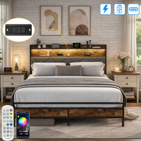Lit 140 x200 cm avec Sommier LED et USB -  Tête de Lit  avec Compartiment de rangement - Cadre de Lit en Métal - 2 Personnes - Noir