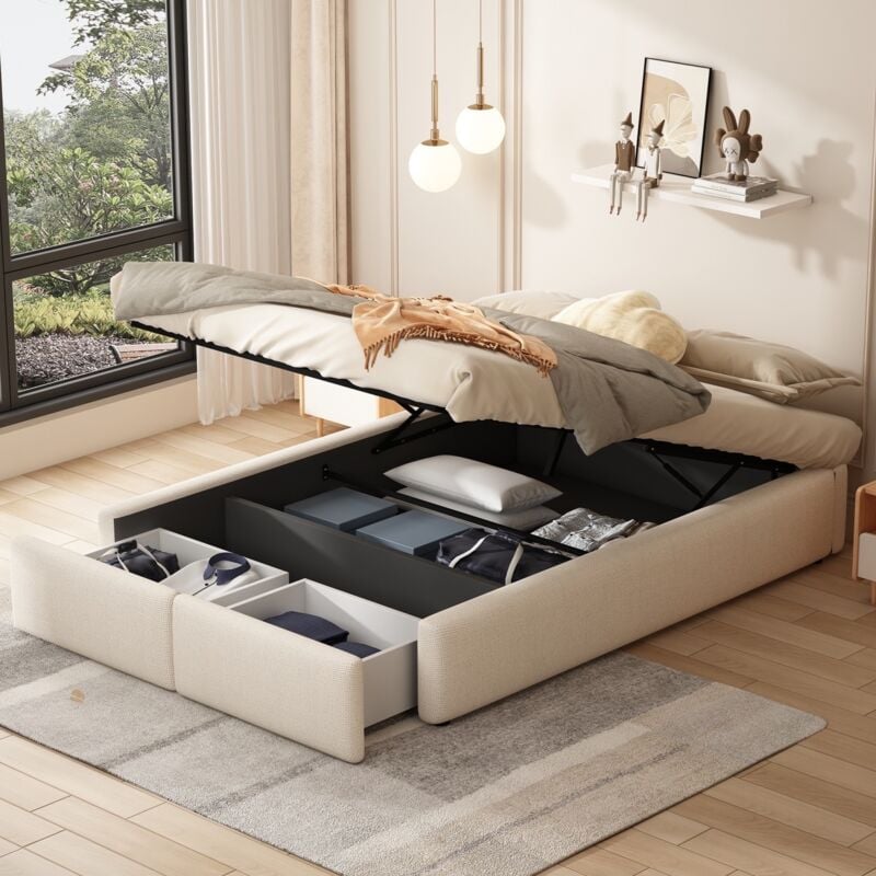 Lit coffre 140x200 cm, avec 2 tiroirs, rangement hydraulique, lin, lit plateforme tapissé sans tête de lit, convient aux adultes et aux adolescents