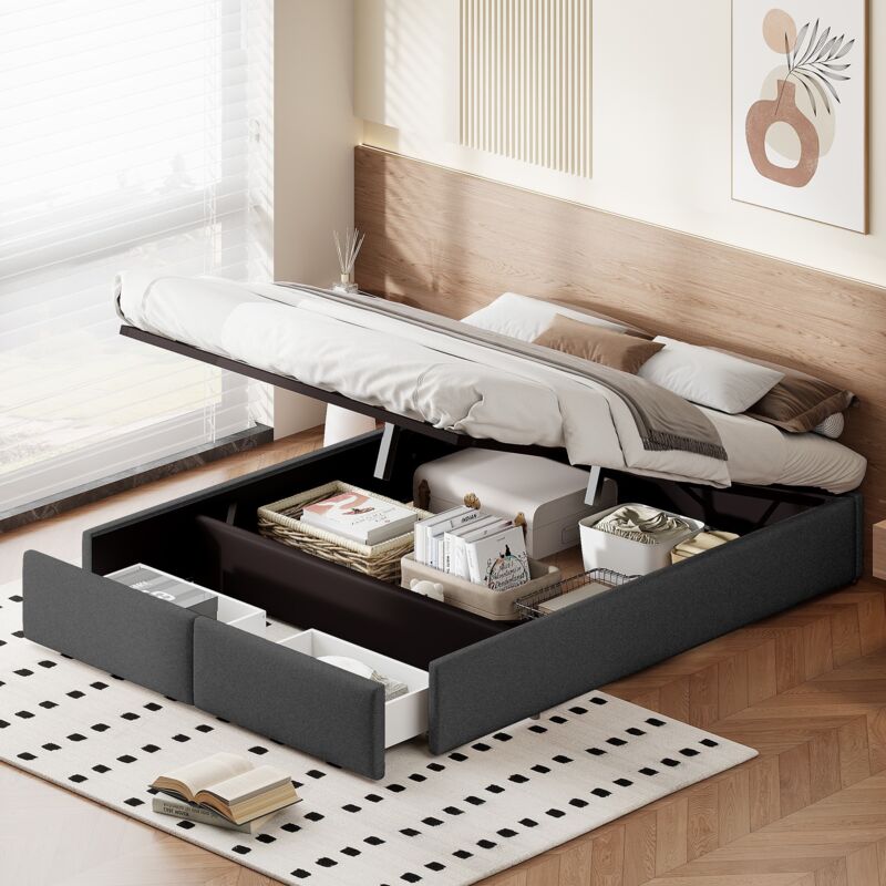Lit coffre 160x200 cm, avec 2 tiroirs, rangement hydraulique, lin, lit plateforme tapissé sans tête de lit, convient aux adultes et aux adolescents