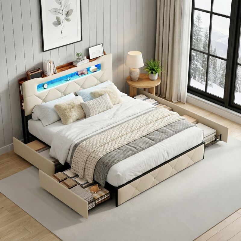 Lit 140x190 avec 4 tiroirs, lit double capitonné avec éclairage LED & ports USB/Type-C, tête de lit avec rangement, lit adulte en velours, style
