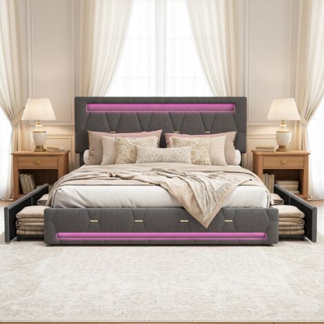 Lit 140x190 avec 4 tiroirs, lit double capitonné, éclairage LED et Chargement USB, sommier à lattes, scandinave, lin, Gris