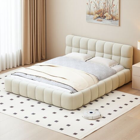 Lit 140x190 avec sommier à lattes en bois massif, lin, adapté aux enfants, adolescents, lit adulte, Lit capitonné scandinave - Beige