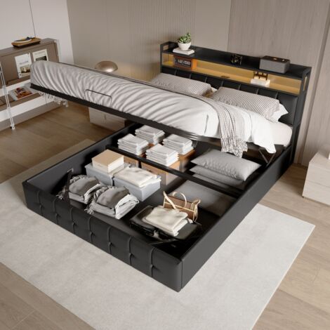 Lit 140x190 avec Sommier, Lit coffre 2 Personnes, Lit rangement en hydraulique, tête de lit coffre en PU et Étagères, Cadre de lit avec LED et USB, Noir, sans matelas