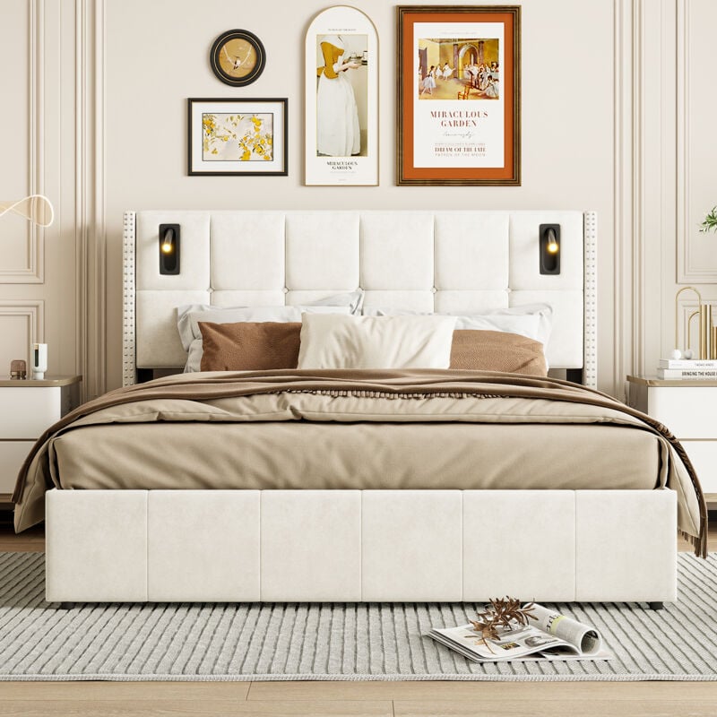 Sunfecili - Lit coffre 160x200, lit 160x200 avec sommier, lit adulte avec liseuse intelligente, design rivets, velours, beige