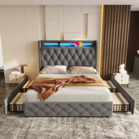 Lit 140x190 avec tiroirs, lit double - Tête de lit avec tablette, LED et ports USB - Sommier à lattes, velours - Gris