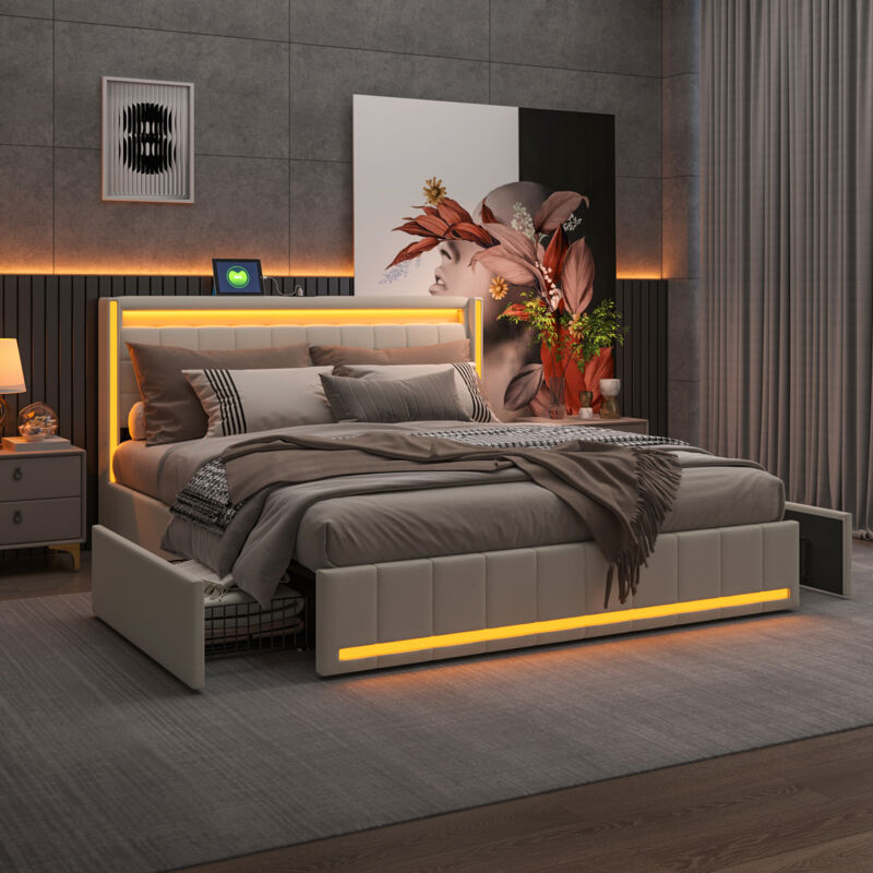 Lit 140x190 avec tiroirs,lit capitonné,lit double,lit adulte,avec LED