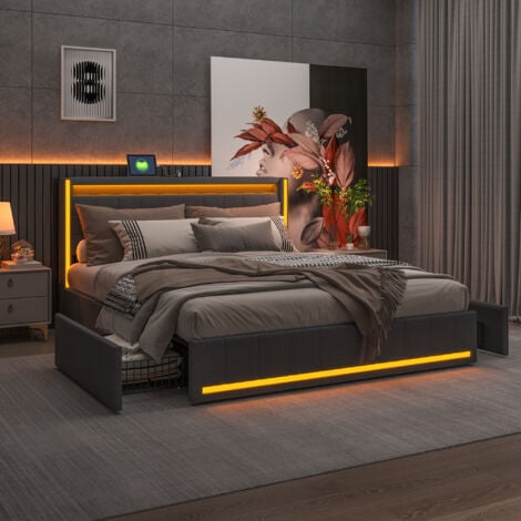PERGAR Lit 140x190 avec tiroirs,lit capitonné,lit double,lit adulte,avec LED réglable et chargement USB,tissu en lin,gris foncé