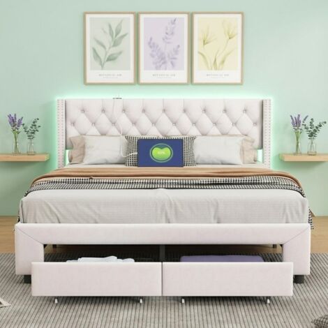 Lit 140x190 avec tiroirs,lit double capitonné,lit adulte,avec sommier à lattes, bande lumineuse LED orientable,tissu en velours,beige