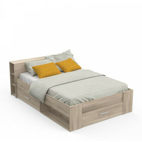 Ensemble lit adulte 180x200 cm placage bois avec tête de lit en cannage  Leonie + Matelas mémoire de forme Memo HR - Homifab