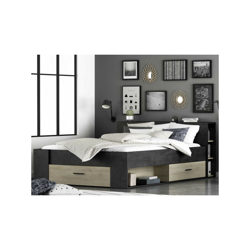 TMM - Lit 140x190 Chêne/Noir + rangements - kamra - l 150 x l 217 x h 76 cm