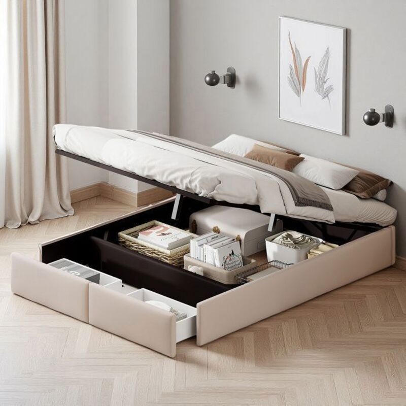 Lit 140x190 cm - 07AAA - Coffre hydraulique - Beige lin - Contemporain design