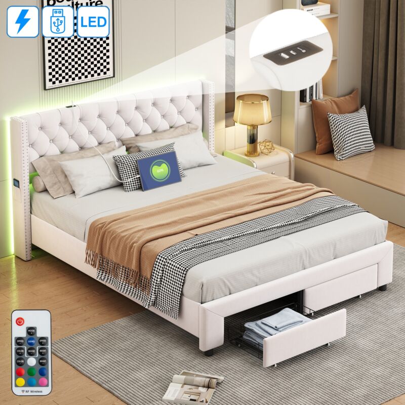 Lit 180x200 cm, 2 places, avec 2 tiroirs, led, décoration par rivets, usb, poche latérale de rangement, sommier à lattes en bois, cadre en métal, lit