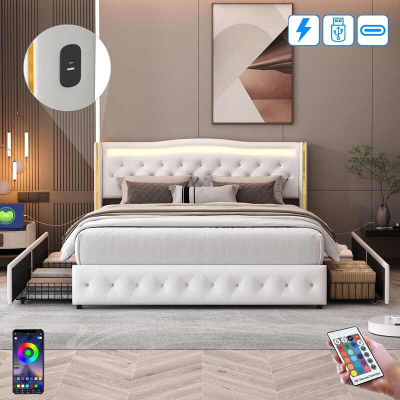 Lit 140x200 cm, 2 places, avec 4 tiroirs, led, port usb-a/c, Bandes en métal Doré, Boutons en cristal, sommier à lattes en bois, lit capitonné en