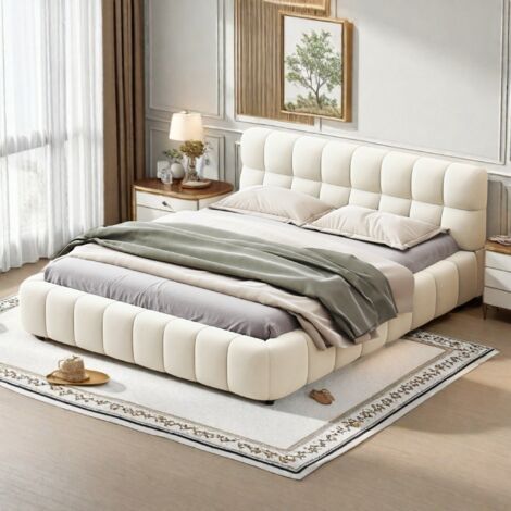 Lit 140x190 cm, avec dossier moelleux, lit double cadre de lit, sommier à lattes et tête de lit rembourrée, style scandinave, Beige