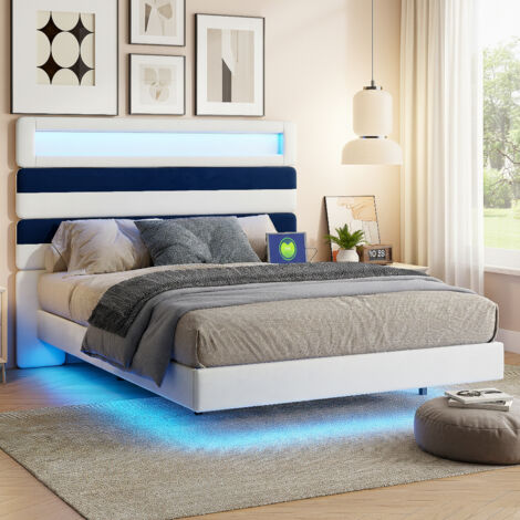 Lit 140x190 cm avec éclairage LED, Lit double capitonné avec 2 Ports USB, Cadre de LIt avec Sommier à Lattes, Lits 2 Personnes avec tête de lit, Beige
