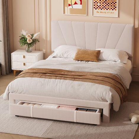 Lit 140x190 cm, avec grand tiroir au pied du lit, dossier capitonné, velours, style scandinave, sommier à lattes, structure métal - Beige