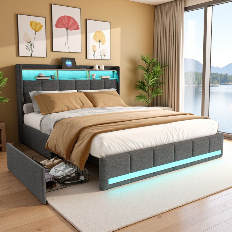 Lit 140x190 cm, avec quatre tiroirs, éclairage LED réglable, 2 USB et 1 fonction de charge tpcy-c, lin, convient aux adultes et aux adolescents,Gris