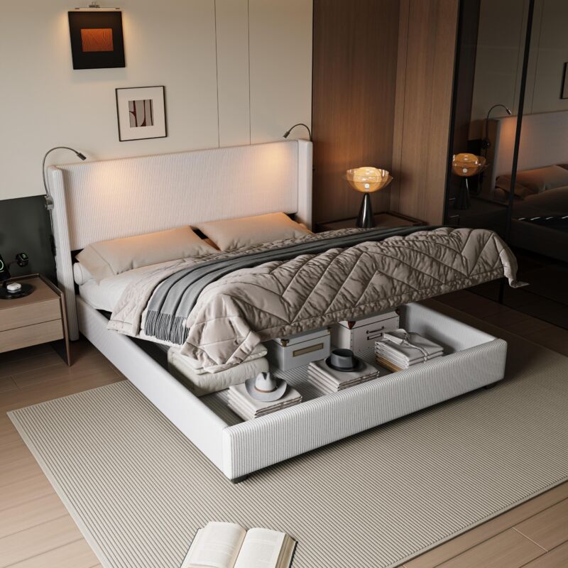 Fortuna Lai – Lit coffre 140x190 avec rangement – Tête de lit avec liseuses LED – Velours côtelé beige – Structure en bois massif – Charge maximale Fortuna Lai – Lit coffre 140x190 avec rangement – Tête de lit avec liseuses LED – Velours côtelé beige – Structure en bois massif – Charge maximale