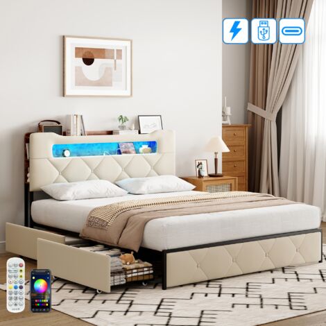 Lit 140x190 cm avec sommier à lattes et 4 tiroirs, Lit adulte avec éclairage LED et charge USB, Cadre de lit coffre 140x190 avec rangement et tête de lit, Velours, Beige