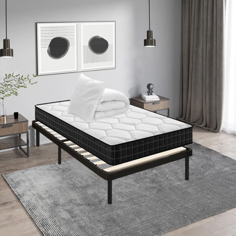 Lit ensemble sommier et matelas 90x190 cm - Matelas 90x190x15cm Mousse avec 1 Couette 140x200 cm et 1 Oreiller 60x60 cm et Sommier 90x190cm avec