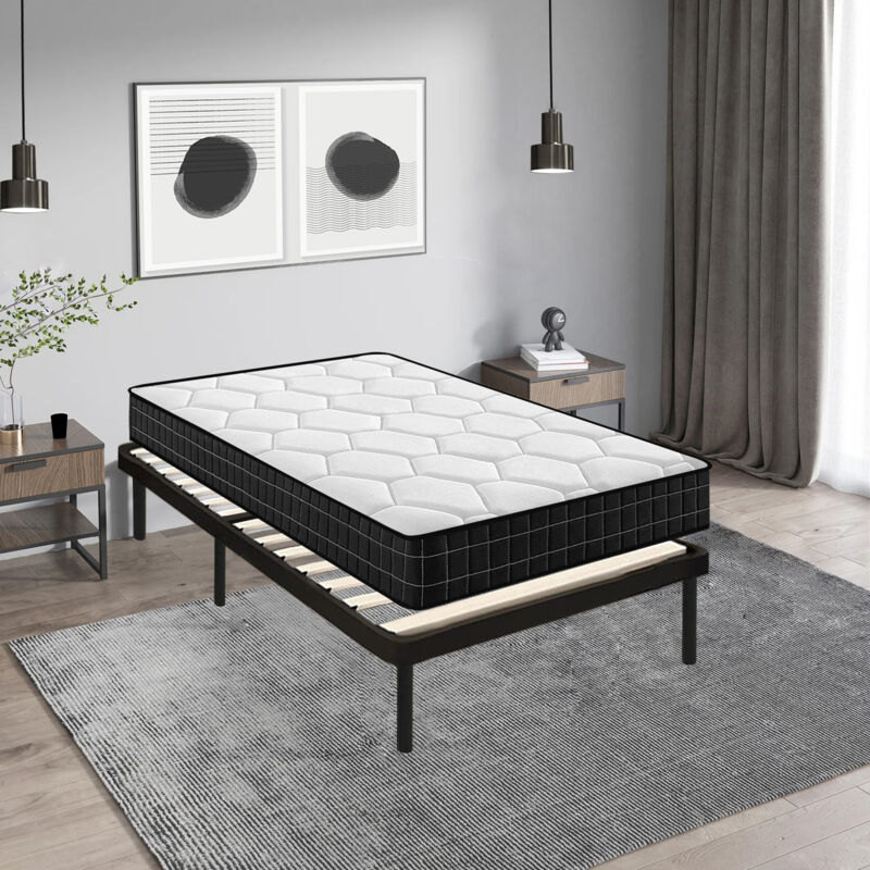 Lit ensemble sommier et matelas 90x190 cm - Matelas 90x190x15cm Mousse - Sommier 90x190cm avec Pieds (Deux colis)