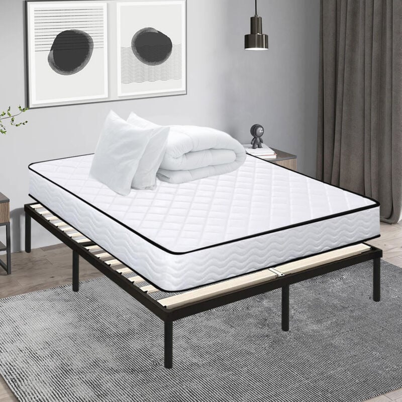 Lit ensemble sommier et matelas 140x190 cm - Matelas 140x190x15cm Mousse avec 1 Couette 220x240 cm et 2 Oreillers 60x60 cm et Sommier 140x190cm avec