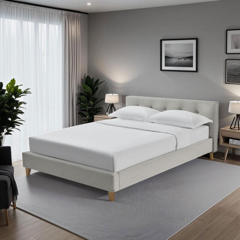 M&s - Lit 140x190 cm avec tête de lit en tissu chiné beige et pieds bois