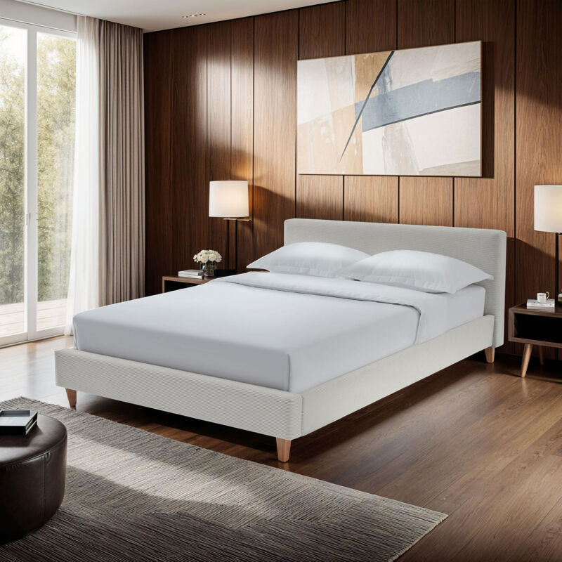 M&s - Lit 140x190 cm avec tête de lit en velours côtelé beige et pieds bois