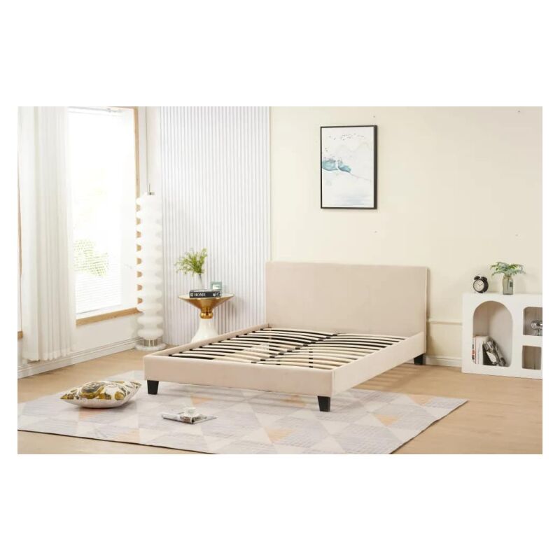 Bysommiflex - Lit 140x190 cm avec tête de lit tapissé en tissu et sommier en kit beige